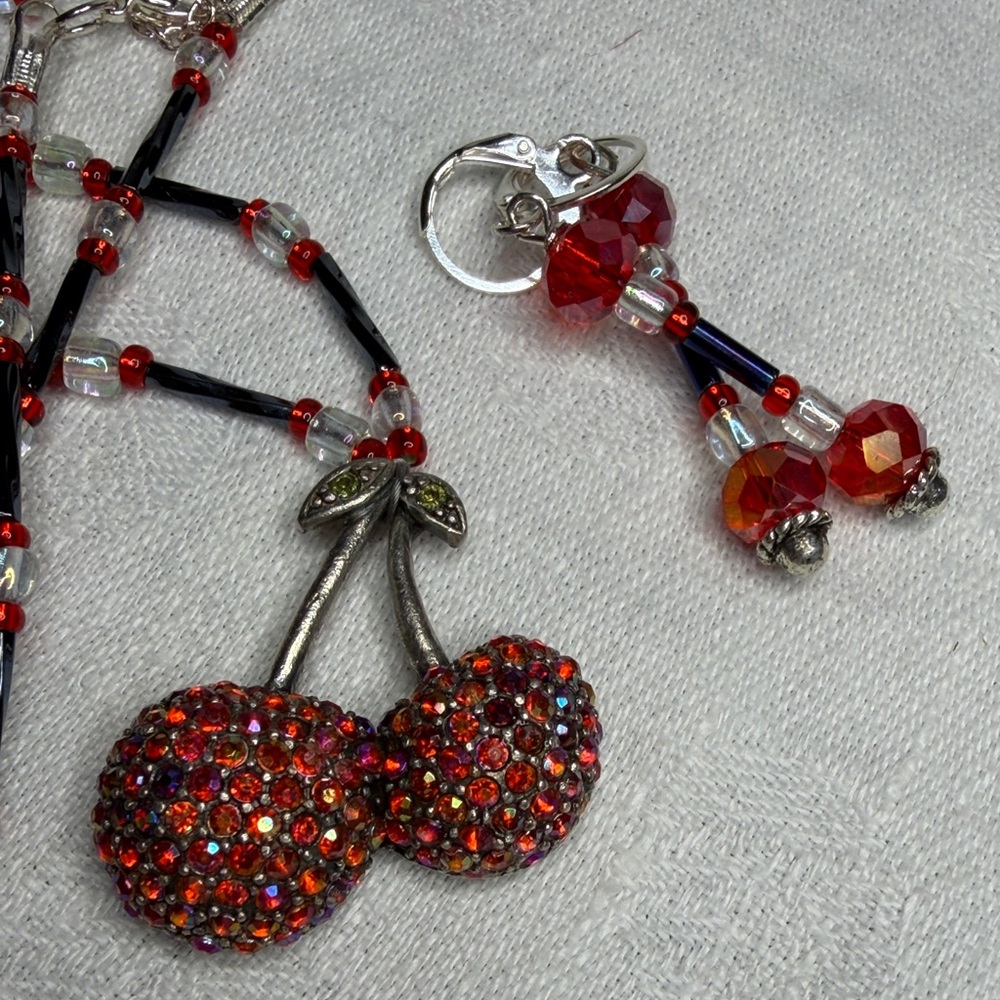 Sparkly Vintage CHERRY Pendant with Matching Earrings in Silver-tone  - 18+2”